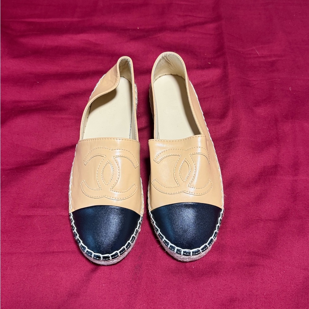 CHANEL Two-Tone Leather Espadrilles in Beige and Black